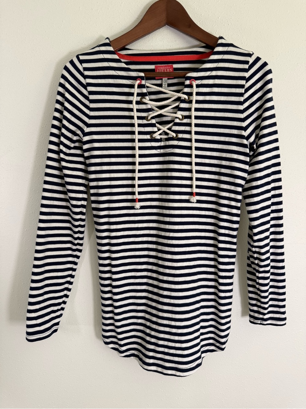 Joules Navy White Stripe Lace Up Top US 4 Cotton Nautical Breton